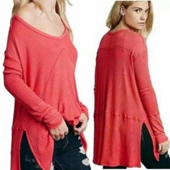 Free People Sweaters - Free People Sunset Park Coral Thermal Waffle Knit V-Neck High Low Long Sleeve